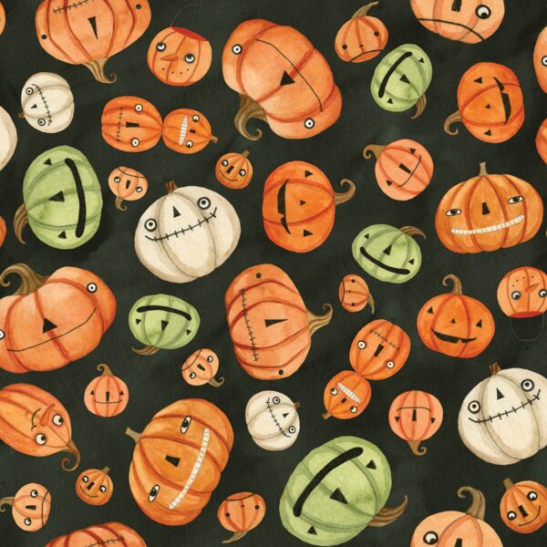Black background with tossed pumpkins in shades of orange, white, and green