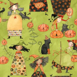 Green background with pumpkins, witches, black cats