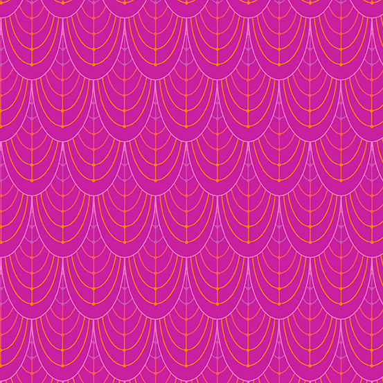Magenta fabric with pink and orange art deco inspired screen printing