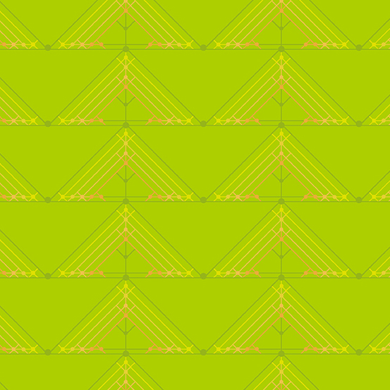 Green fabric with green, yellow, and orange art deco inspired screen printing