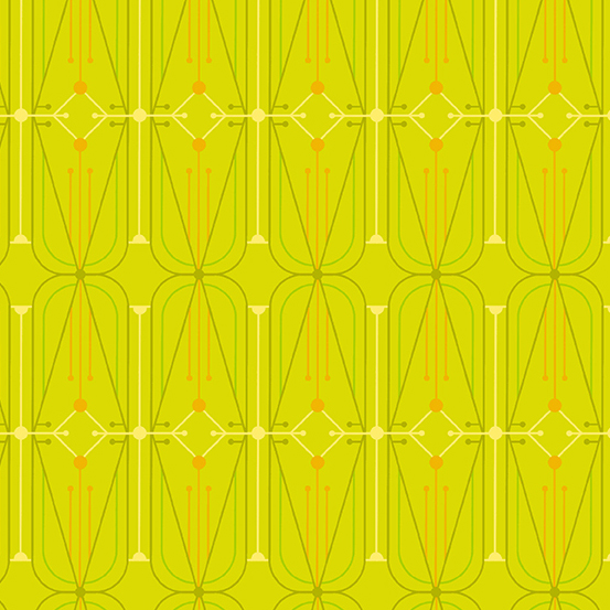 Bright green fabric with green, yellow, and orange art deco inspired screen printing