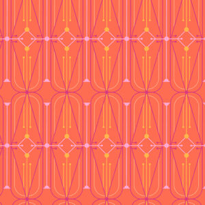 Orange fabric with pink, yellow, and orange art deco inspired screen print