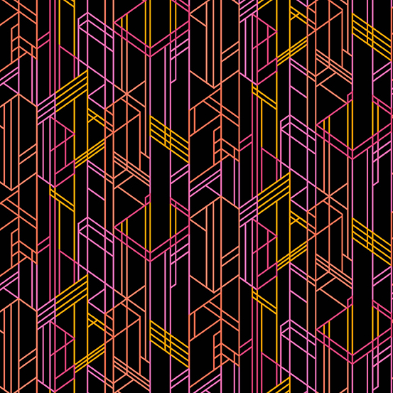 Black fabric with pink and orange art deco inspired screen print