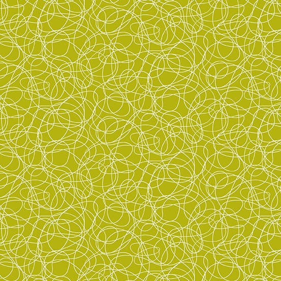 Green fabric with white screen print scribble pattern