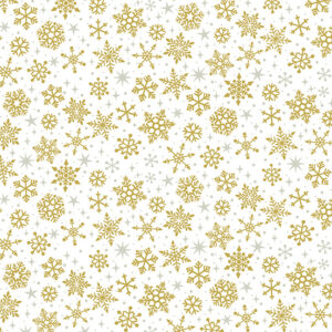 White fabric with silver and gold metallic snowflakes