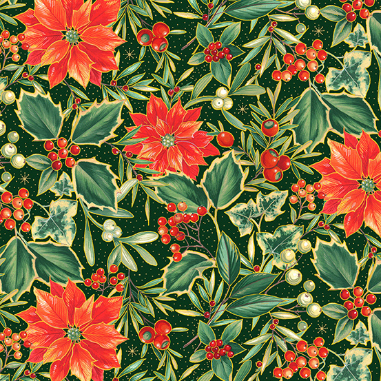 Green background with holly berries, holly leaves, red poinsetties, and gold accents